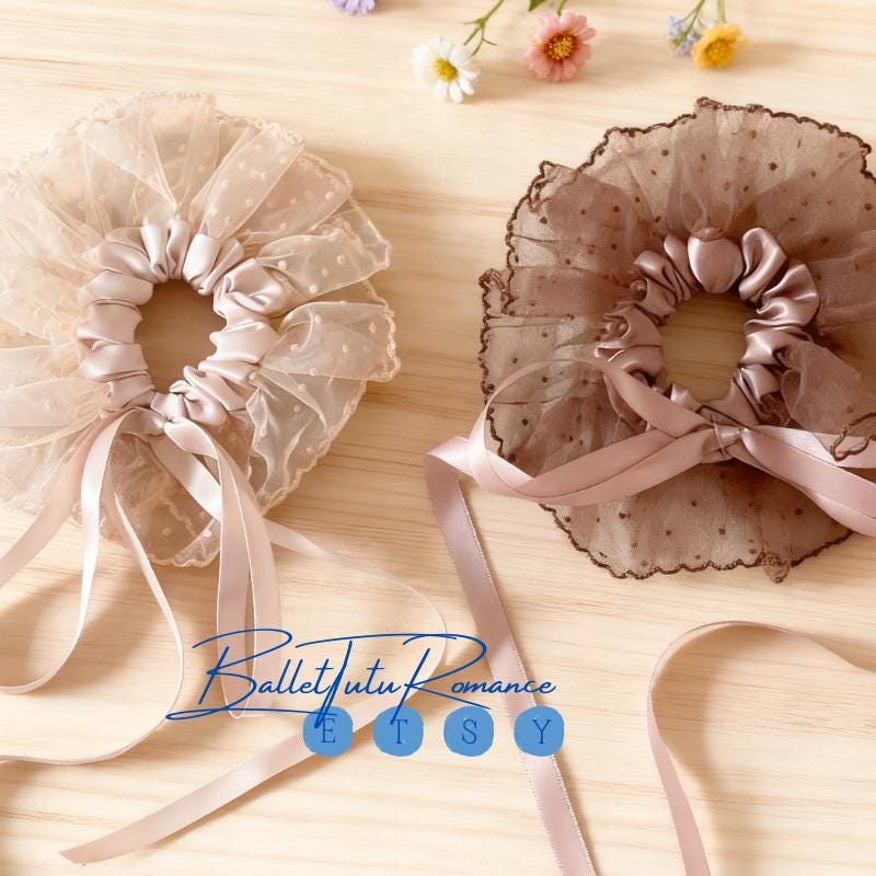 Ballet Style Polka Dot Lace Tulle Scrunchie ,handmade Hair Accessory for Girls Hair Tie