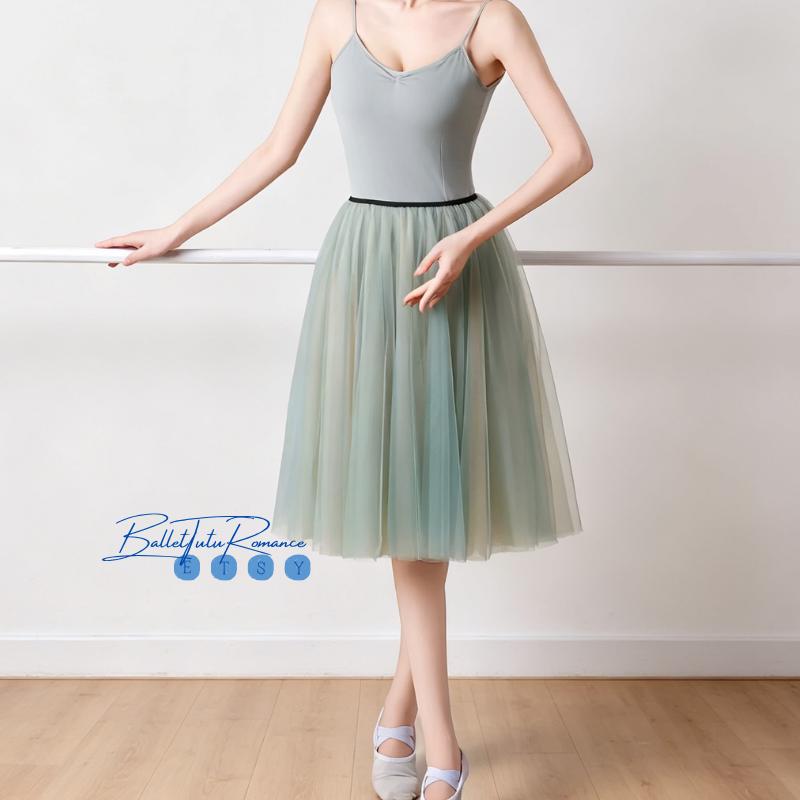 Custom Length Ombre Haze Green Ballet Tulle Skirt, Gradient A-Line Tutu, Practice & Rehearsal Skirt