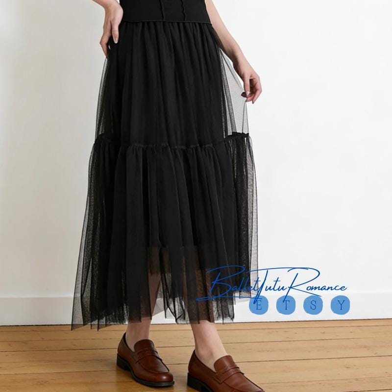 Lightweight Black Tiered Tulle Skirt, Custom Balletcore Midi Skirt for Women