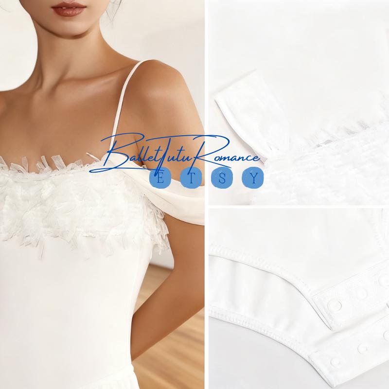 White Off-Shoulder 3D Ruffled Ballet Leotard: Spandex Blend Dance Bodysuit, Adult Ballet Practice Wear