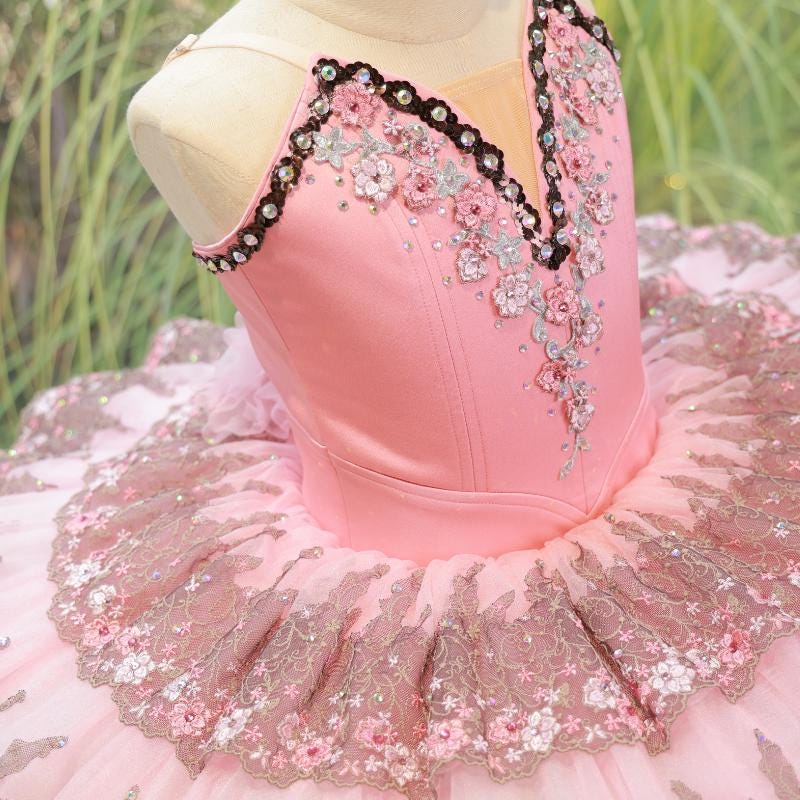 Pink Floral Hand-Embroidered Ballet Tutu, Heavy Craftsmanship Custom Aurora Costume (Adult & Child)