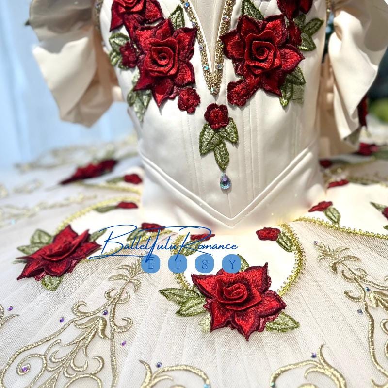 Handmade Red Rose Embroidered Ballet Tutu | Custom Professional Competition Costume