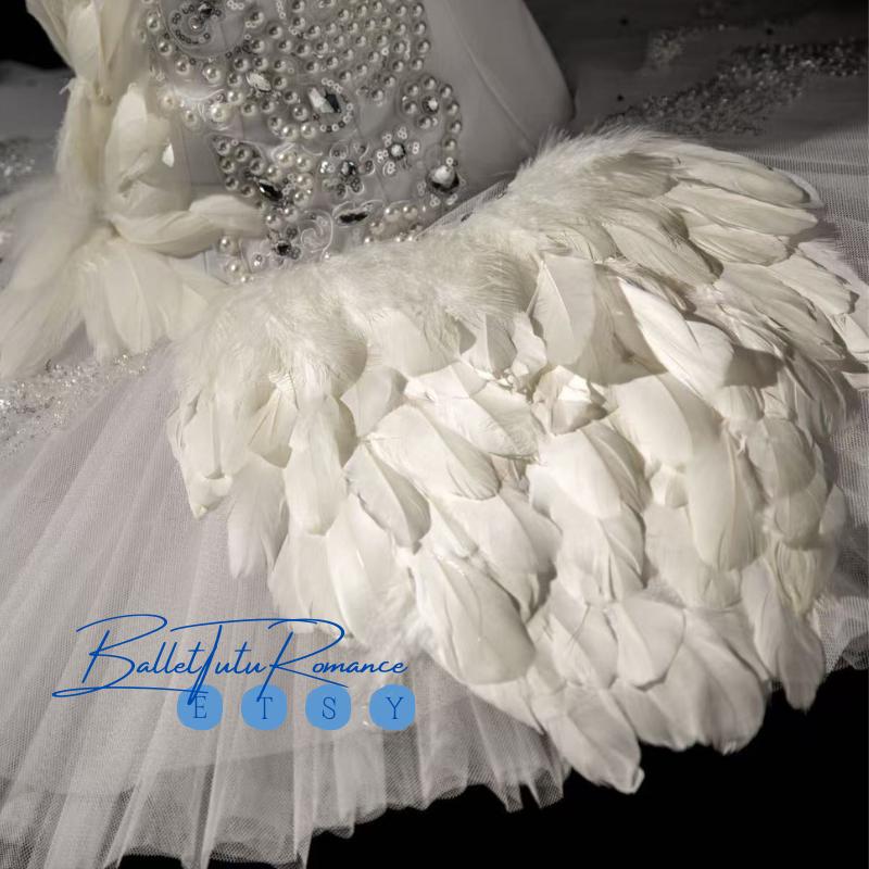 Custom White Swan Lake Ballet Tutu: Embellished Feather & Crystal Dress, Adult Child Performance Costume