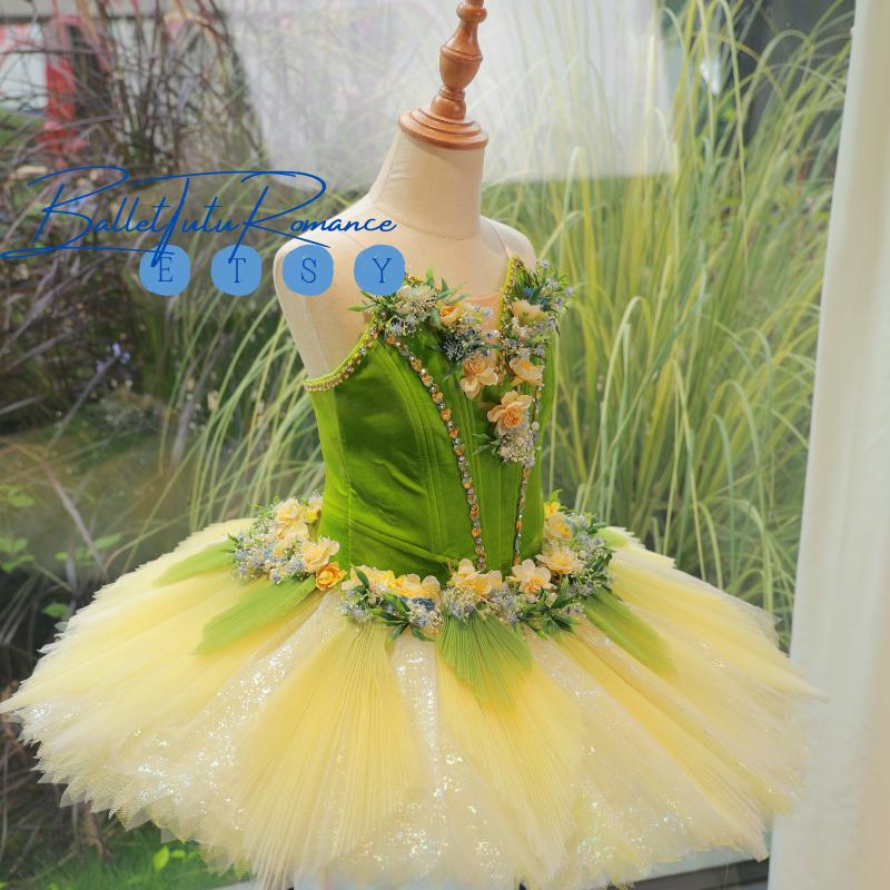 Handmade Green Yellow Floral Tutu: Custom Fairy Ballet Costume for Adults & Kids, Aurora/Nutcracker