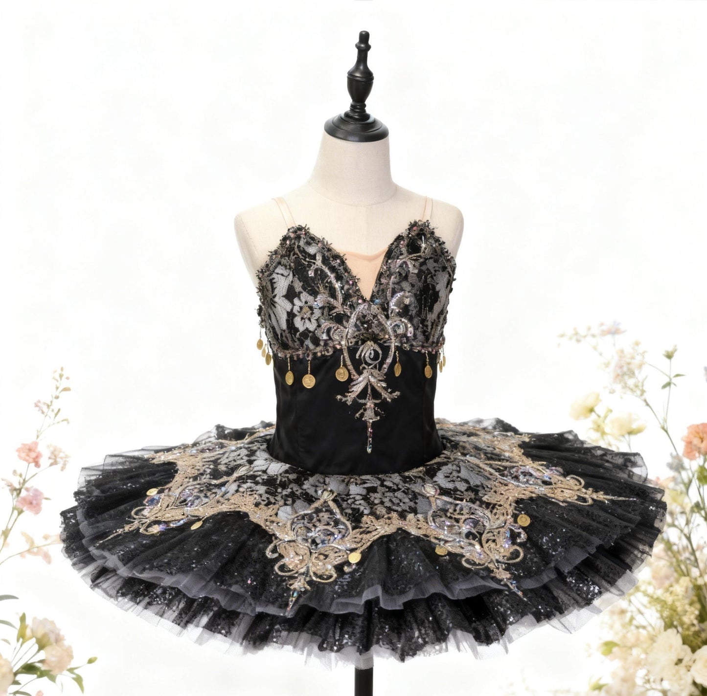 Black Swan Professional Ballet Tutu, Hand-Stitched Embroidered Sequins Lace, Elegant Custom Fit, Intricate craftsmanship
