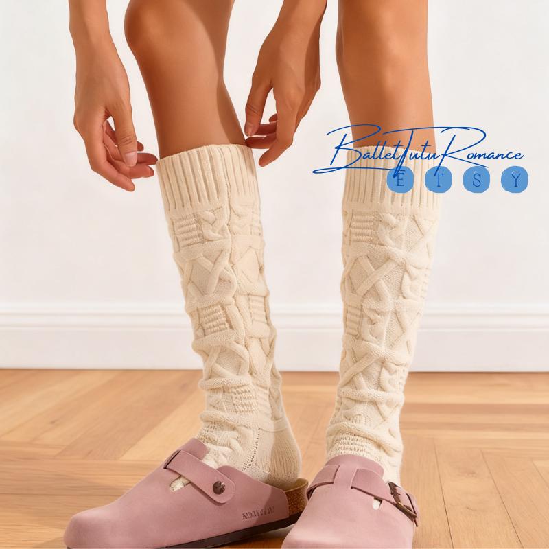 Double-Needle Thickened Knitted Cable-Knit Calf Socks Winter,Retro Cozy Warm Leg Casual Daily