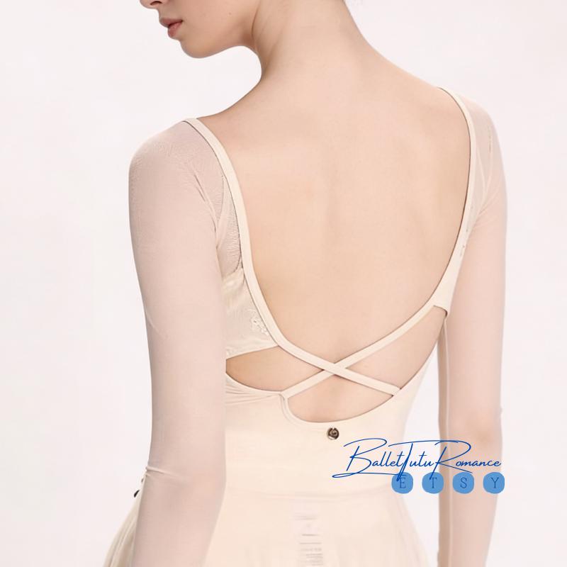 Beige Embroidered Long Sleeve Ballet Leotard, Mesh Adult Dance & Yoga Leotard