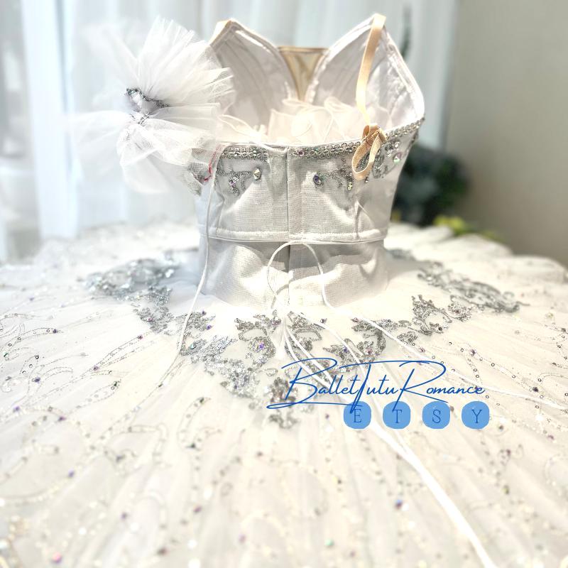 Customized Swan Lake Ballet Tutu, Custom White Rhinestone Performance Competition Costume