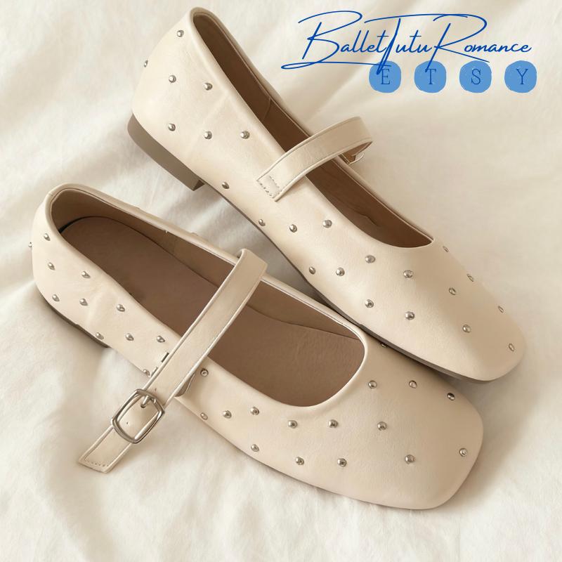 Lambskin Mary Jane Ballet Flats, Square Toe Buckle Strap Shoes for Women