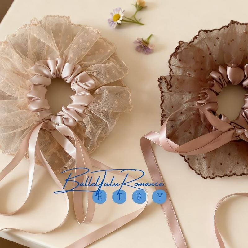 Ballet Style Polka Dot Lace Tulle Scrunchie ,handmade Hair Accessory for Girls Hair Tie