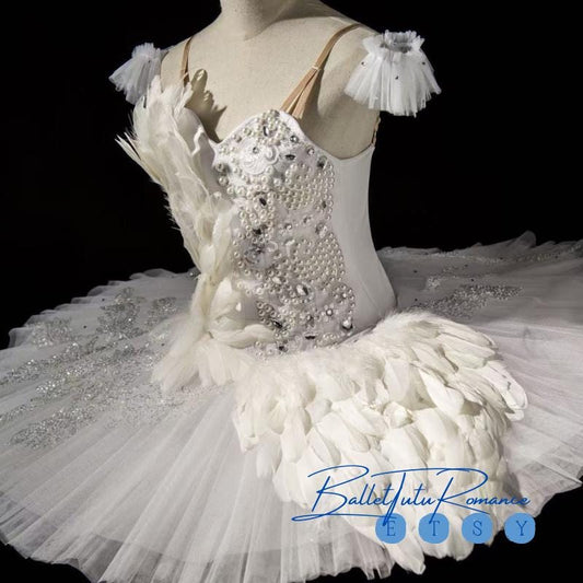 Custom White Swan Lake Ballet Tutu: Embellished Feather & Crystal Dress, Adult Child Performance Costume