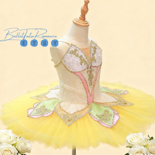 Embroidered Yellow Ballet Tutu, Custom Floral Performance Costume