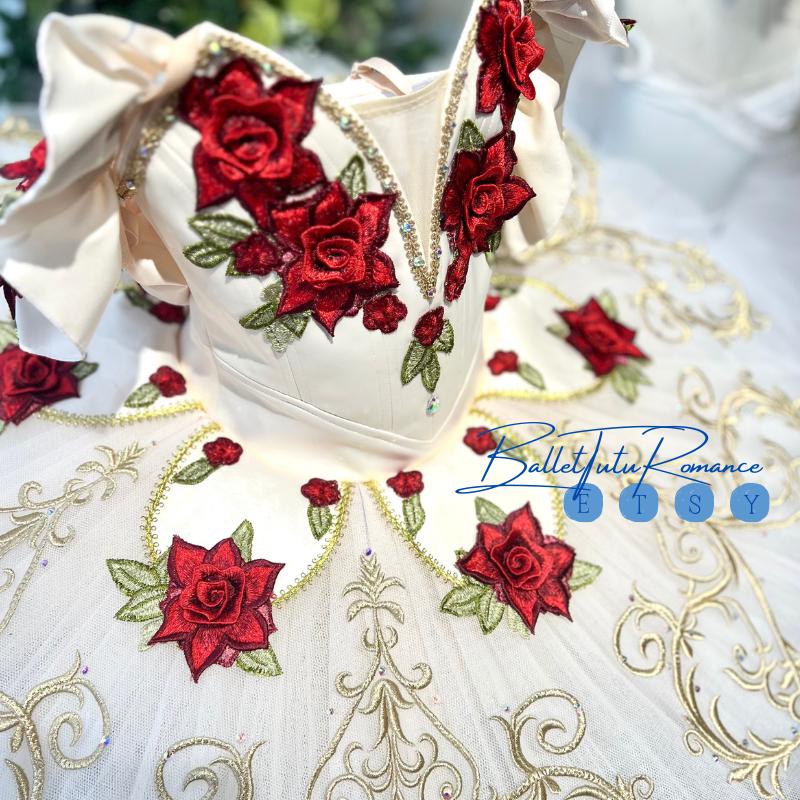 Handmade Red Rose Embroidered Ballet Tutu | Custom Professional Competition Costume