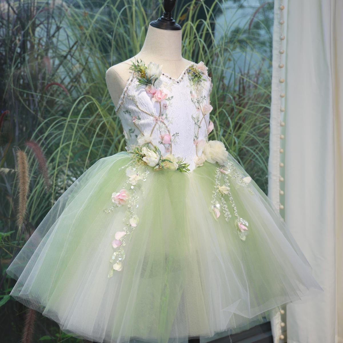 Green Tulle Ballet Tutu: Floral Embroidery & Sequins, Handmade Fairy Princess Dress,Aurora/Nutcracker