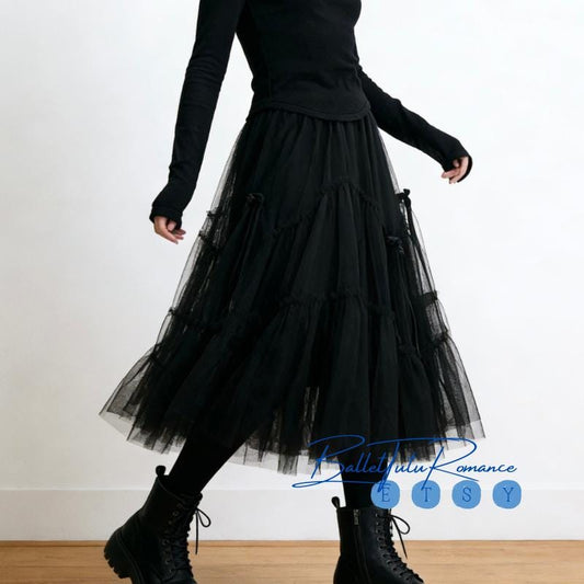 Balletcore Tiered Tulle Midi Skirt, Women's Ruffled Ballet Inspired Daily Skirt,Black & Ivory