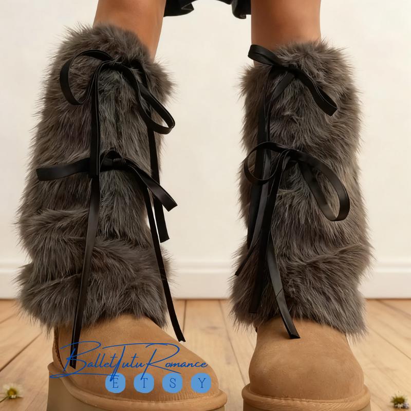 Faux Fur Leg Warmers, Y2K Style Bow Tie Straps, Warm Winter Socks