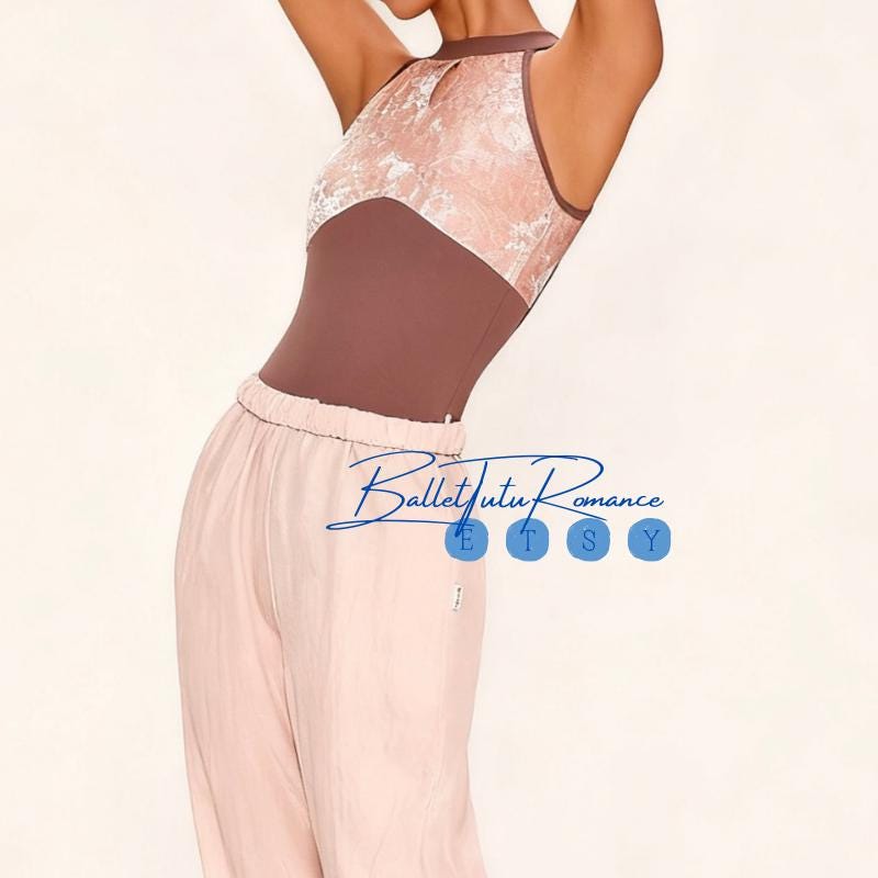 Dusty Rose & Brown Velvet Panel Halter Leotard: Adult Sleeveless Ballet Dance Bodysuit for Training