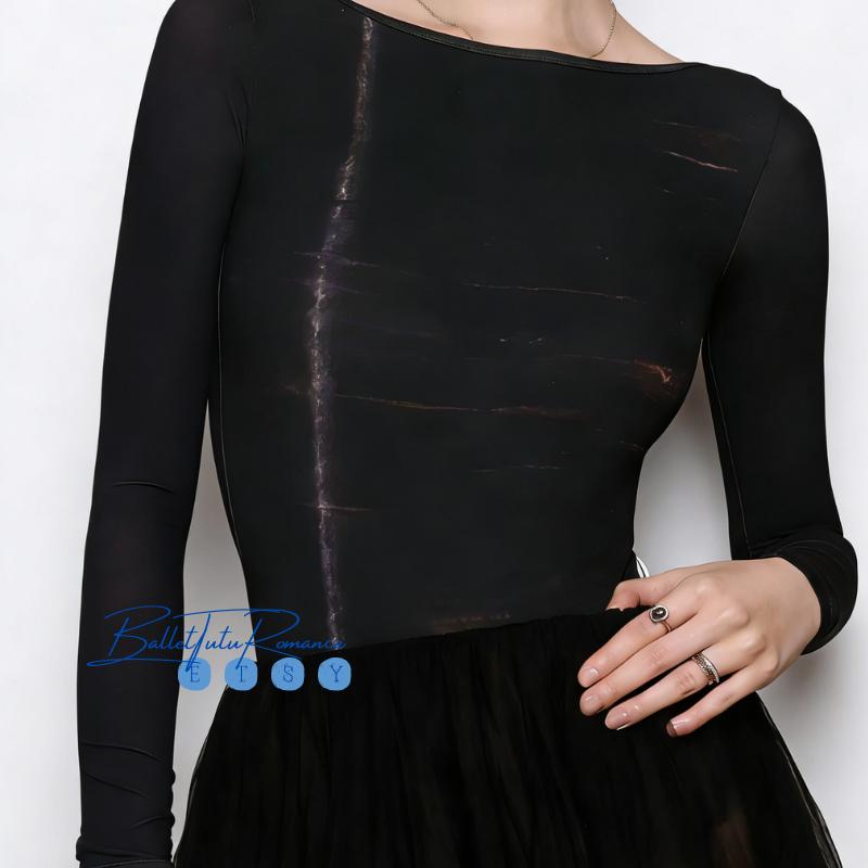 Black Long Sleeve Ballet Leotard, Open Back Dance Leotard for Adult Yoga & Training