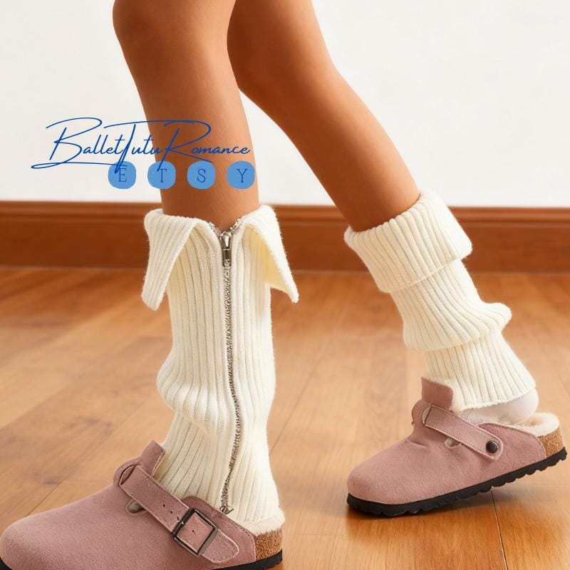 Thick Knit Side Zip Pile Leg Warmers, Y2K Style for Leather Boot Pairing