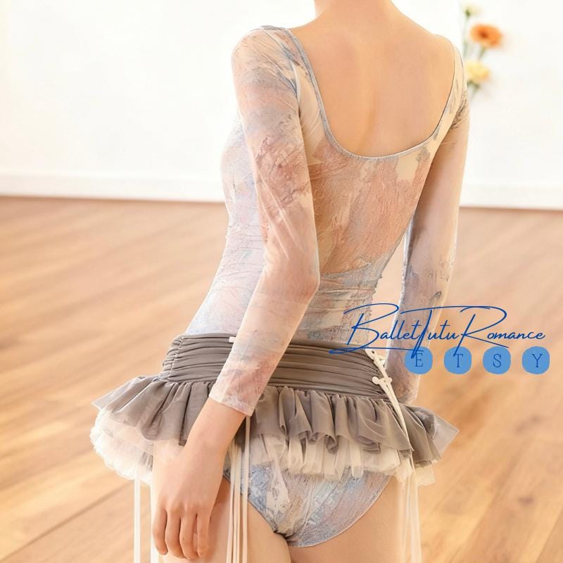 Adult Leotard Oil Painting Ballet Sheer Mesh Dancewear, Backless Women’s Gymnastics Yoga Outfit