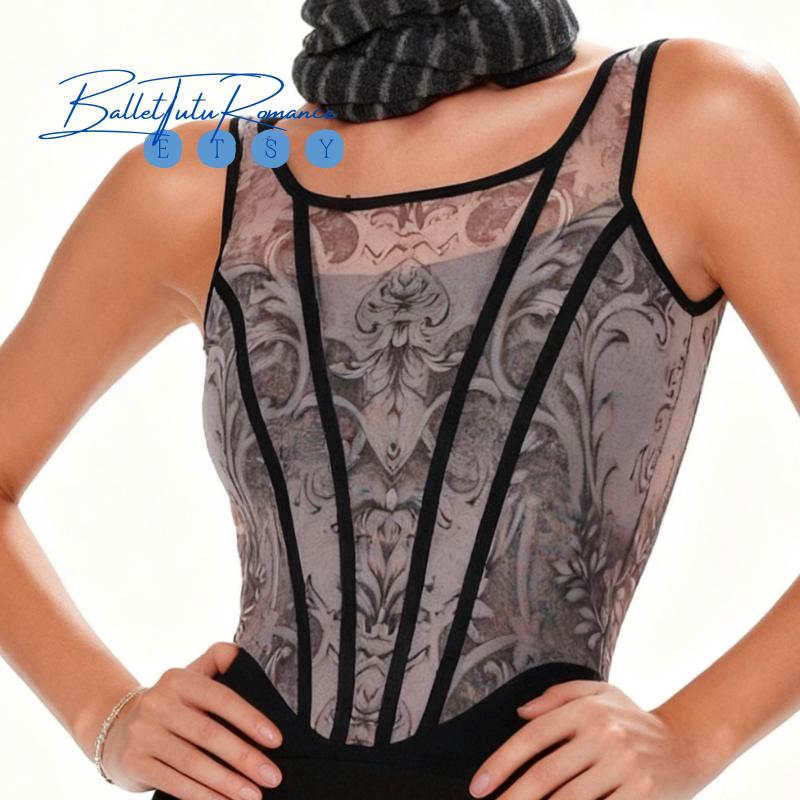 Baroque Print Ballet Bodysuit ballet Skirt, Adult Leotard Unitard, One-Piece Dancewear Outfit