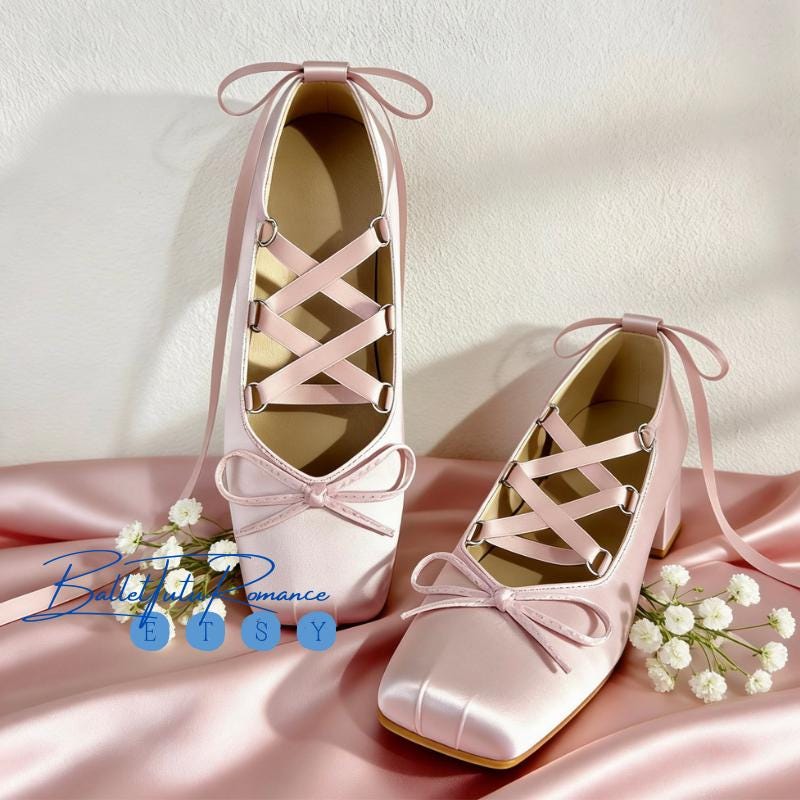 Mary Jane Block Heels with Ballet Ankle Ribbon Ties, Bow Ballerina Heels, Daily Wear