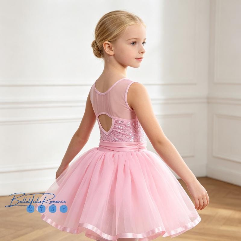 Custom Pink Kids' Ballet Tutu Dress, Sequin Tulle Sleeveless Costume for Girls Recitals & Parties