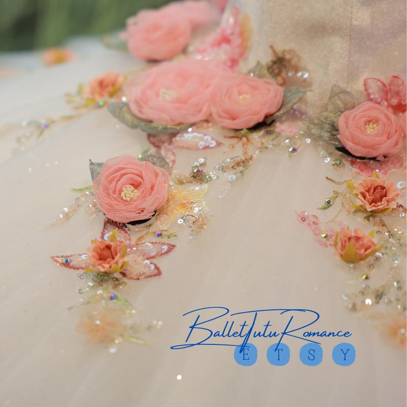 Handmade Pink Rose Embellished Ballet Tutu, Custom-fit Luxury Adult Kids Ballet Outfit,Aurora/Nutcracker