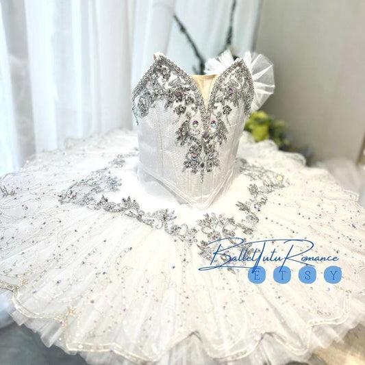 Customized Swan Lake Ballet Tutu, Custom White Rhinestone Performance Competition Costume