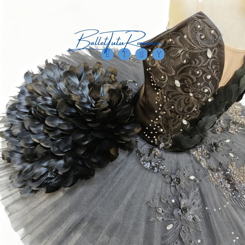 Custom Black Feather Embellished Luxury Ballet Tutu, Adult/Child Black Swan, Nutcracker Costume