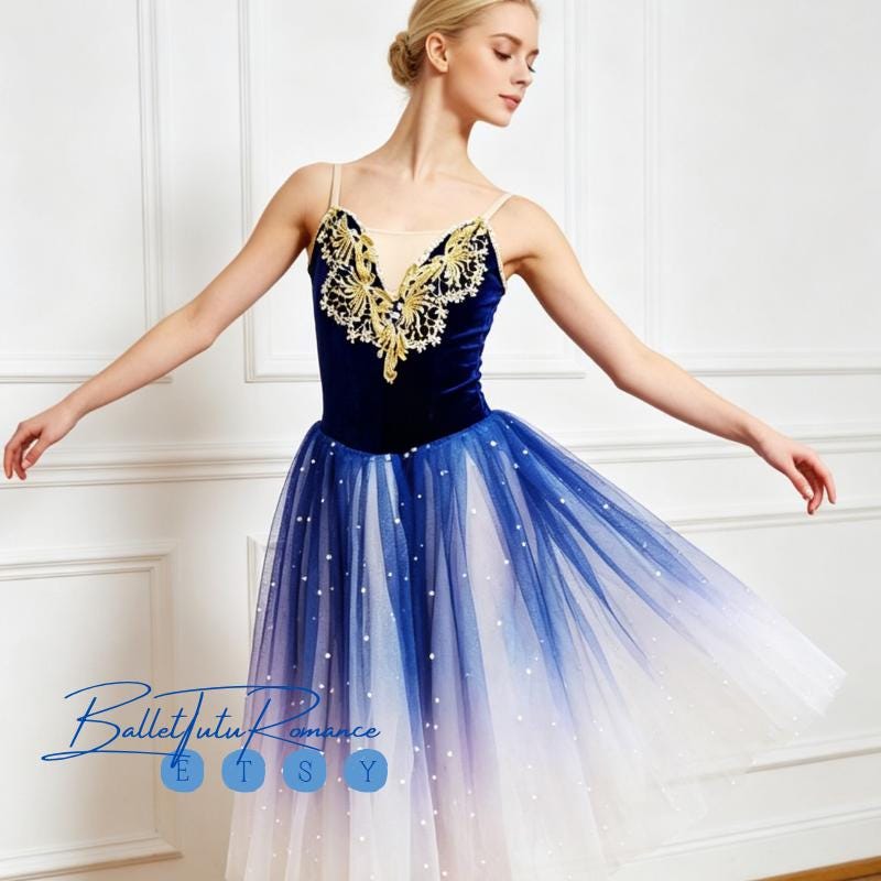 Blue Ombre Romantic Tutu for Giselle / La Sylphide ,Professional Long Gradient Ballet Dress