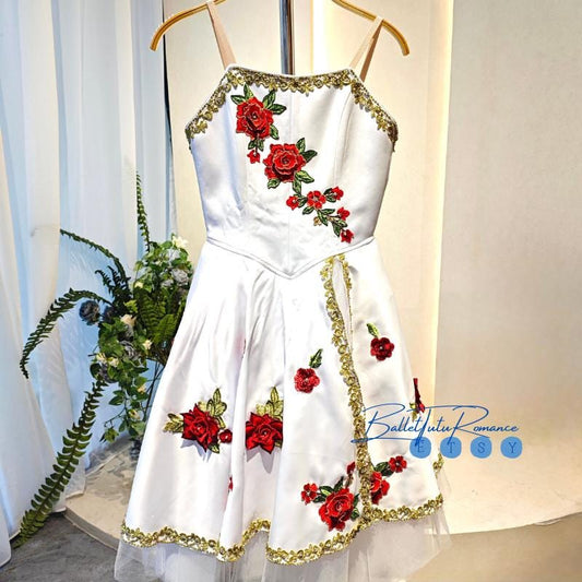 Custom Red Rose Embroidered Long Ballet Tutu Dress | Professional Repertoire Stage Costume