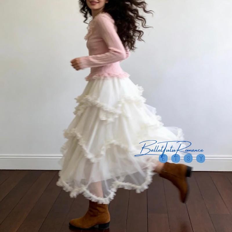 Black & White Ruffled Tulle Skirt,Ballet Style Custom Midi Skirt