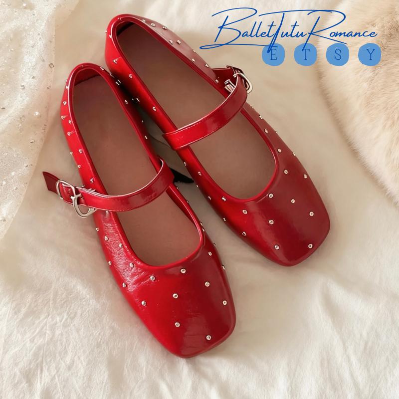 Lambskin Mary Jane Ballet Flats, Square Toe Buckle Strap Shoes for Women