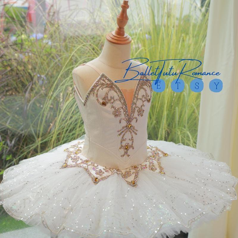 High-End Custom White Ballet Tutu, Gold Pearl Embellished Adult Child Ballet Performance Costume