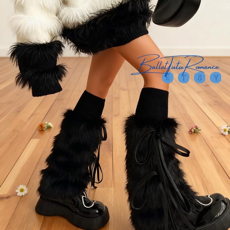 Faux Fur Leg Warmers, Y2K Style Bow Tie Straps, Warm Winter Socks