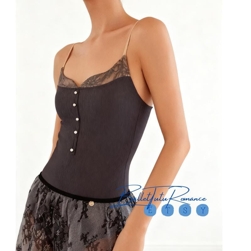 Baroque Lace Ribbed Knit Navy Ballet Leotard, Adult Dancewear Bodysuit, Ballet Practice Wear