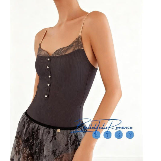 Baroque Lace Ribbed Knit Navy Ballet Leotard, Adult Dancewear Bodysuit, Ballet Practice Wear