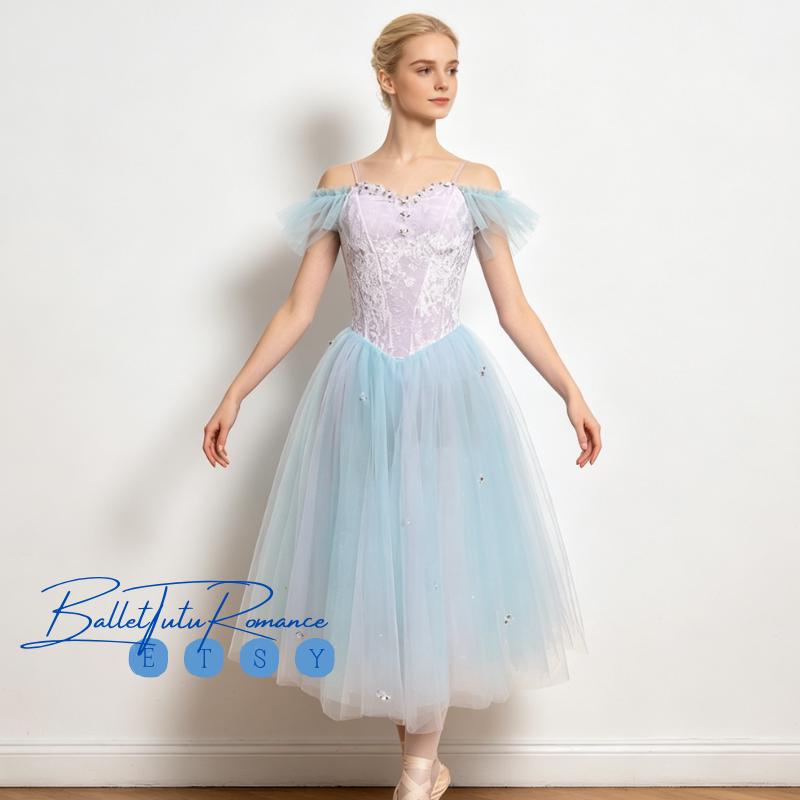 Custom Kids Performance Ballet Tutu Dress, Floral Off-Shoulder Tulle Skirt for Kids Recitals & Competitions