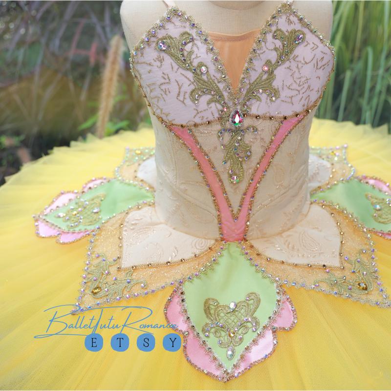 Embroidered Yellow Ballet Tutu, Custom Floral Performance Costume