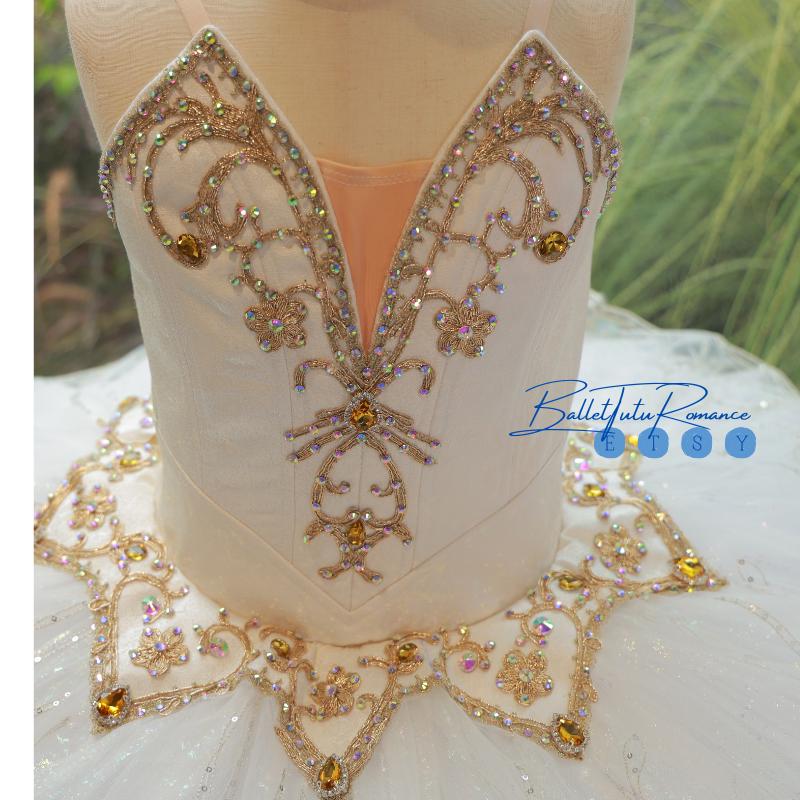 Luxury White Gold Embellished Ballet Tutu, Custom Adult Child High-end Ballet Costume