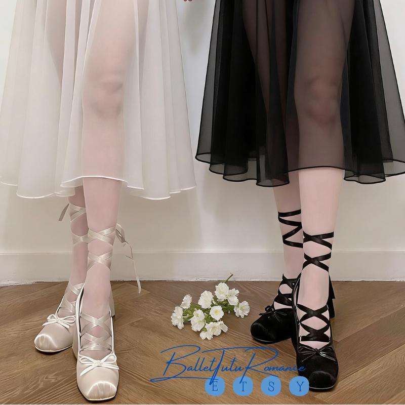 Mary Jane Block Heels with Ballet Ankle Ribbon Ties, Bow Ballerina Heels, Daily Wear
