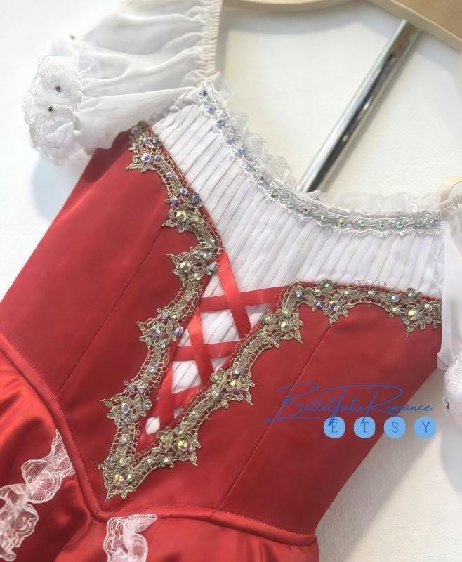 Custom White/Red Long Ballet Tutu,Blue Bow Coppelia Giselle Costume, Kids/Adult Competition