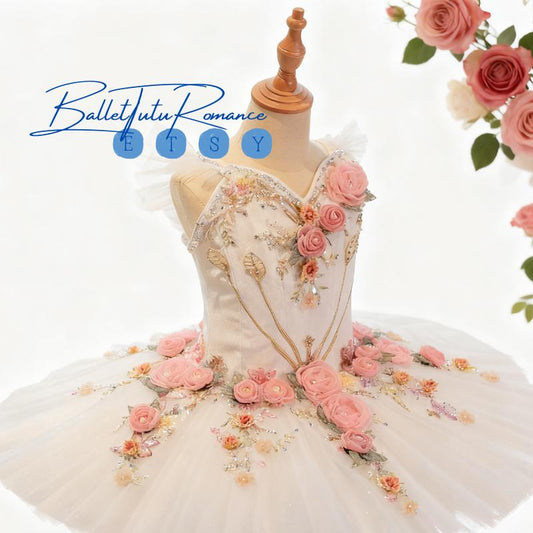 Handmade Pink Rose Embellished Ballet Tutu, Custom-fit Luxury Adult Kids Ballet Outfit,Aurora/Nutcracker