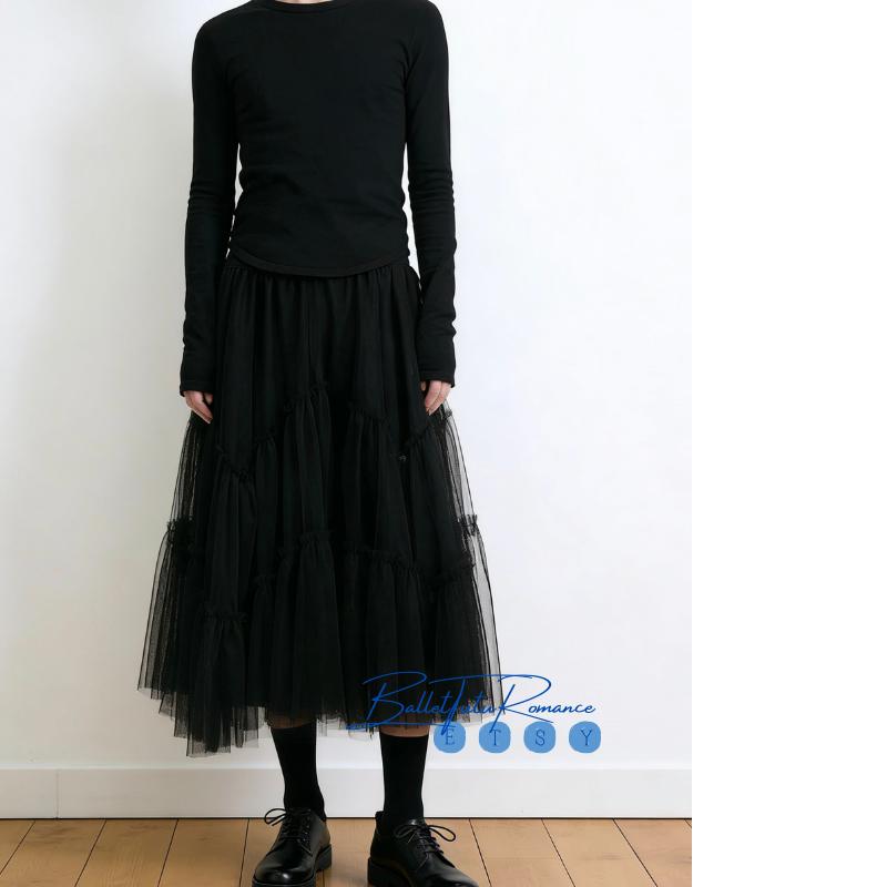 Balletcore Tiered Tulle Midi Skirt, Women's Ruffled Ballet Inspired Daily Skirt,Black & Ivory