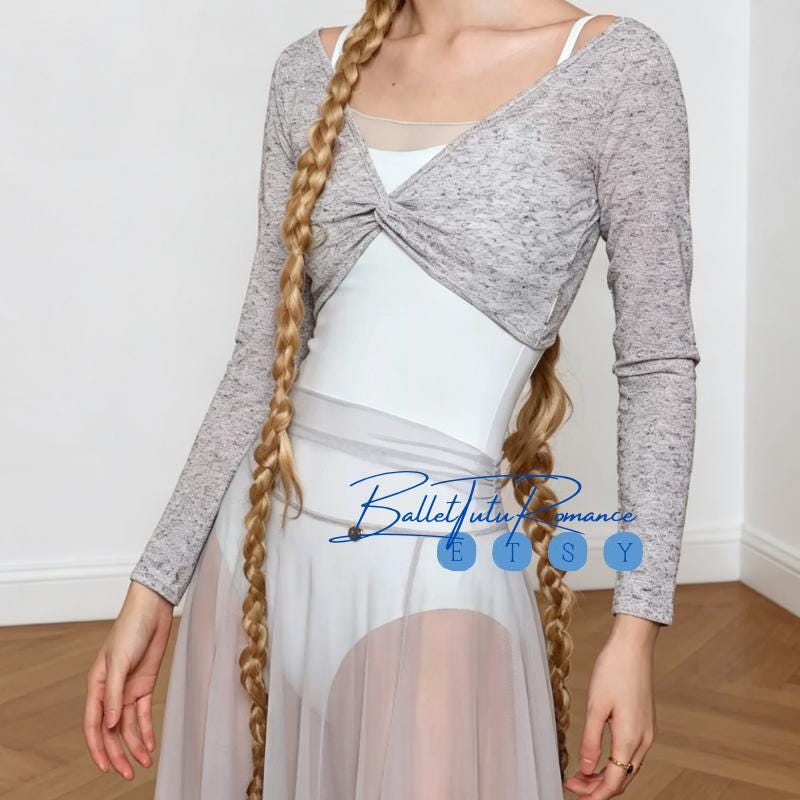 Ballet Twisted Knot Crop Top, Long Sleeve Dance Warm Up Top for Women