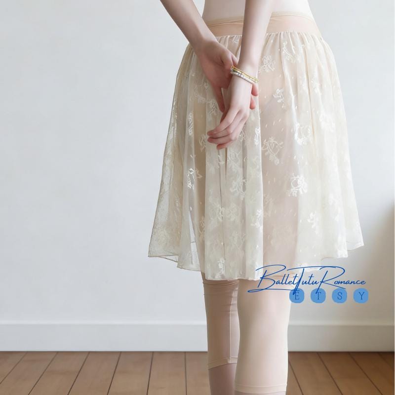 2-in-1 Sheer Lace Floral Ballet Skirt Pants, Adult Irregular Tutu with Attached Leggings