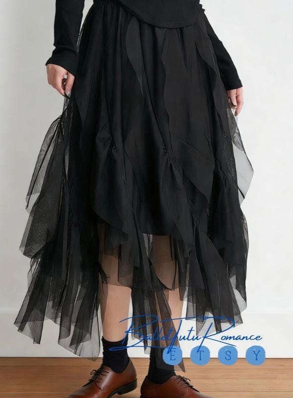 Balletcore Asymmetric Ruffled Tulle Skirt, Pink & Black Irregular Midi Skirt
