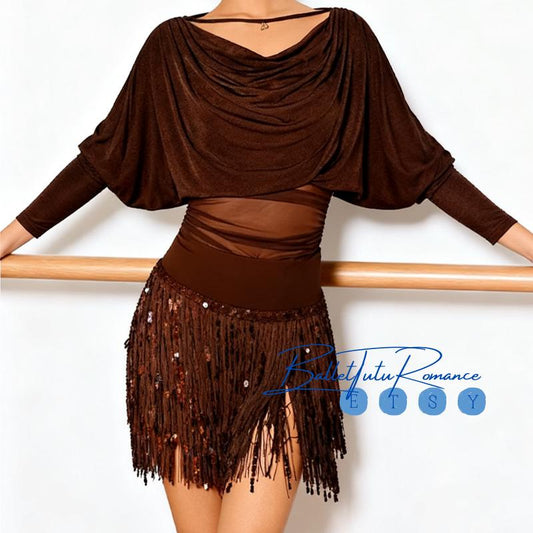 Salsa Bachata Batwing Sleeve Top Sequin Fringe Skirt, Adult Practice Dancewear