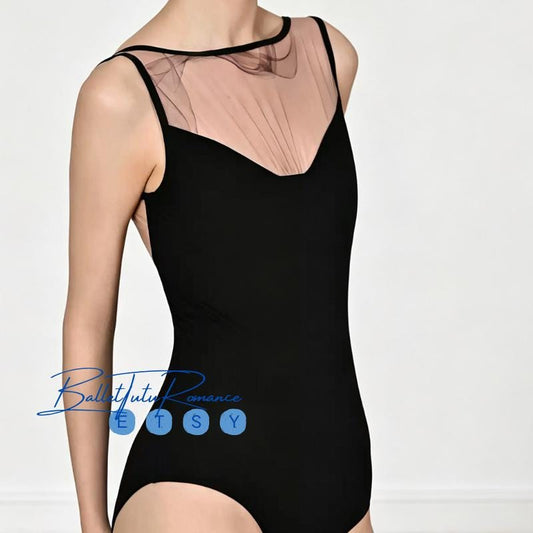 Ballet Leotard Mesh Neckline Camisole, Open Back Dance Bodysuit, Built-in Bra, Breathable Material
